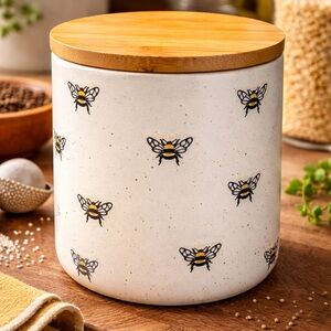 Ceramic Bumblebee Canister w Bamboo Lid | Speckled Bee Jar